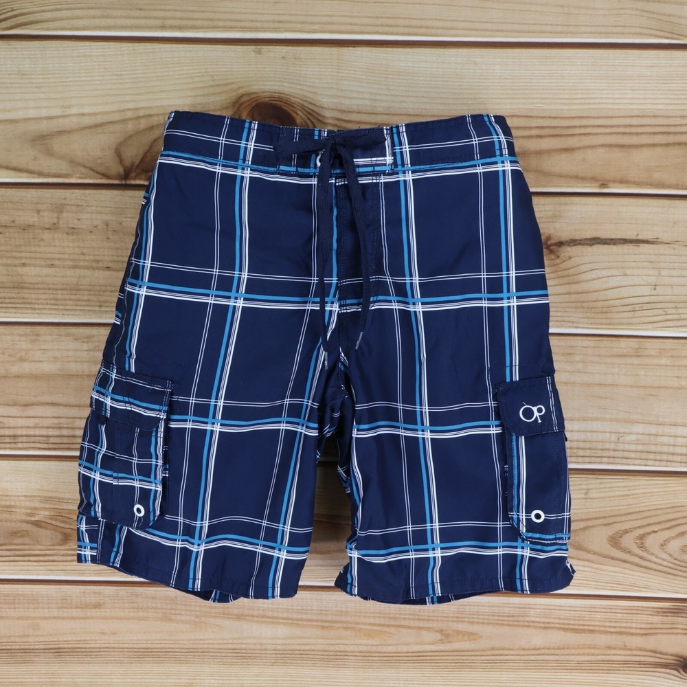 OP Swim Trunks Mens Size M Blue Plaid Polyester Stretch Waist Lined Drawstring